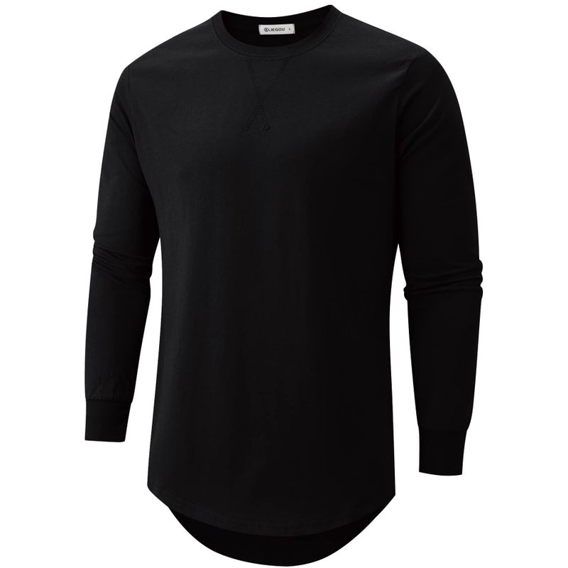 KLIEGOU Mens Cotton Hipster Hip Hop Longline Long Sleeve T Shirt 67(Black L) - Image 1
